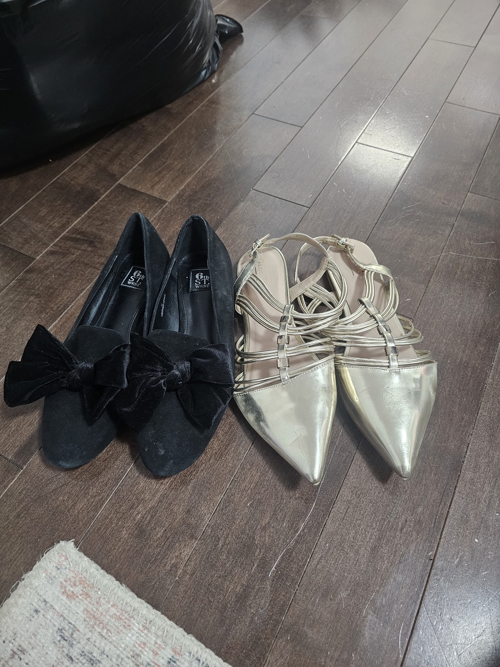 Gold Strappy Pointed Flats and Black Bow Flats - Women Shoes